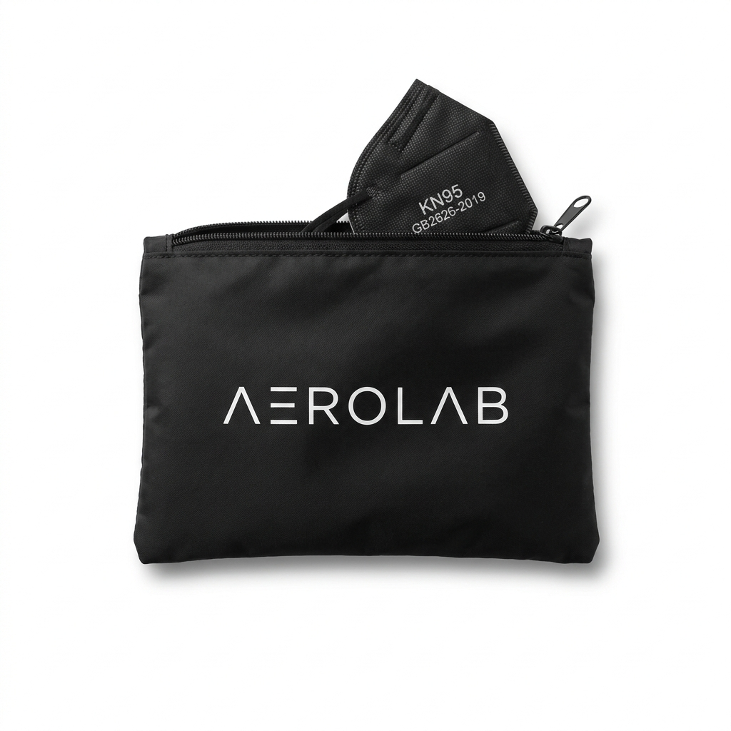 Aerolab branded travel pouch with KN95 masks